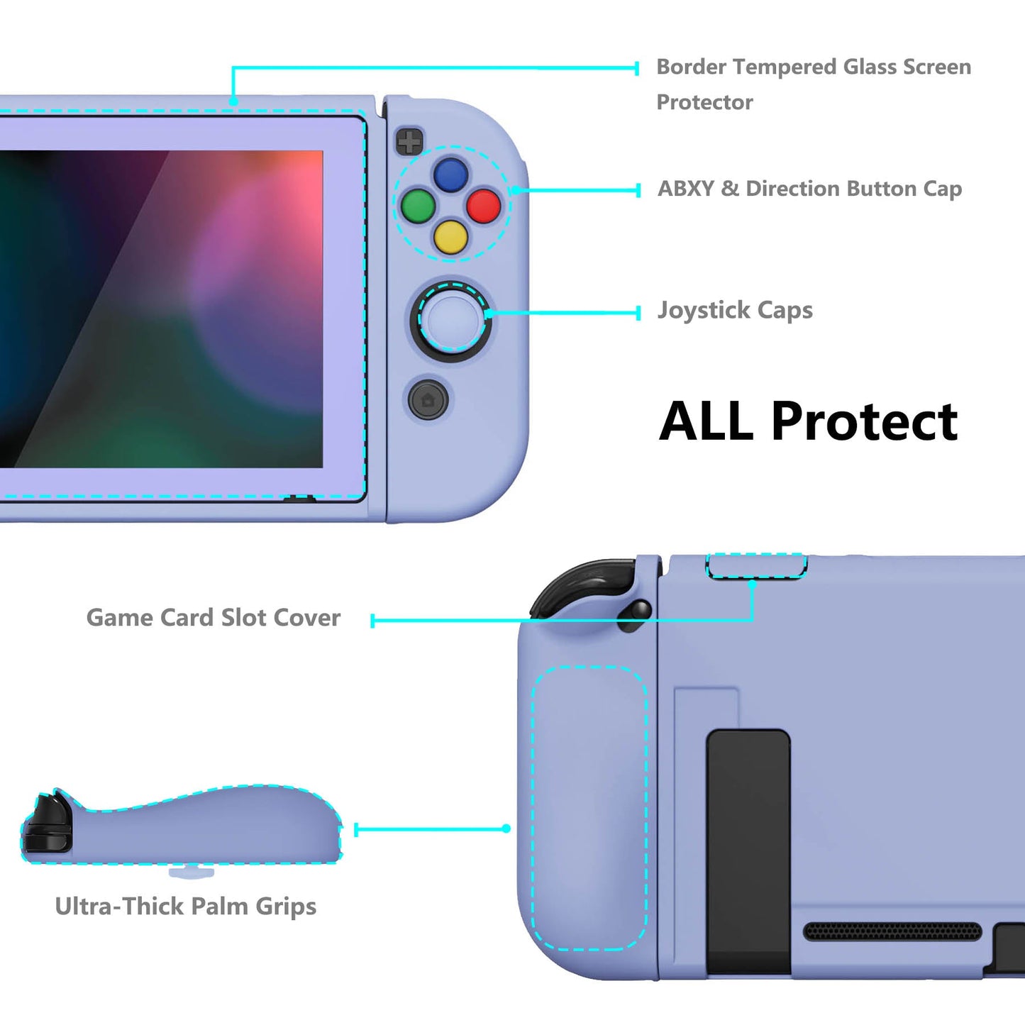 PlayVital ZealProtect Soft Protective Case for Nintendo Switch, Flexible Cover for Switch with Tempered Glass Screen Protector & Thumb Grips & ABXY Direction Button Caps - Light Violet - RNSYM5003 playvital