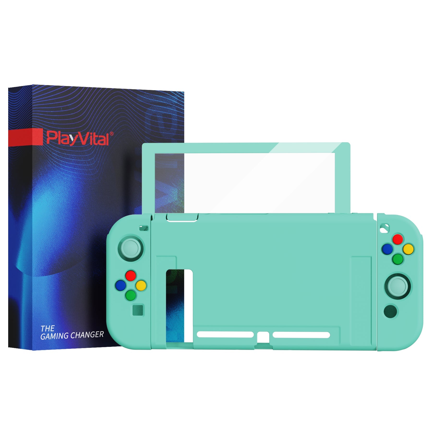 PlayVital ZealProtect Soft Protective Case for Nintendo Switch, Flexible Cover for Switch with Tempered Glass Screen Protector & Thumb Grips & ABXY Direction Button Caps - Misty Green - RNSYM5004 playvital