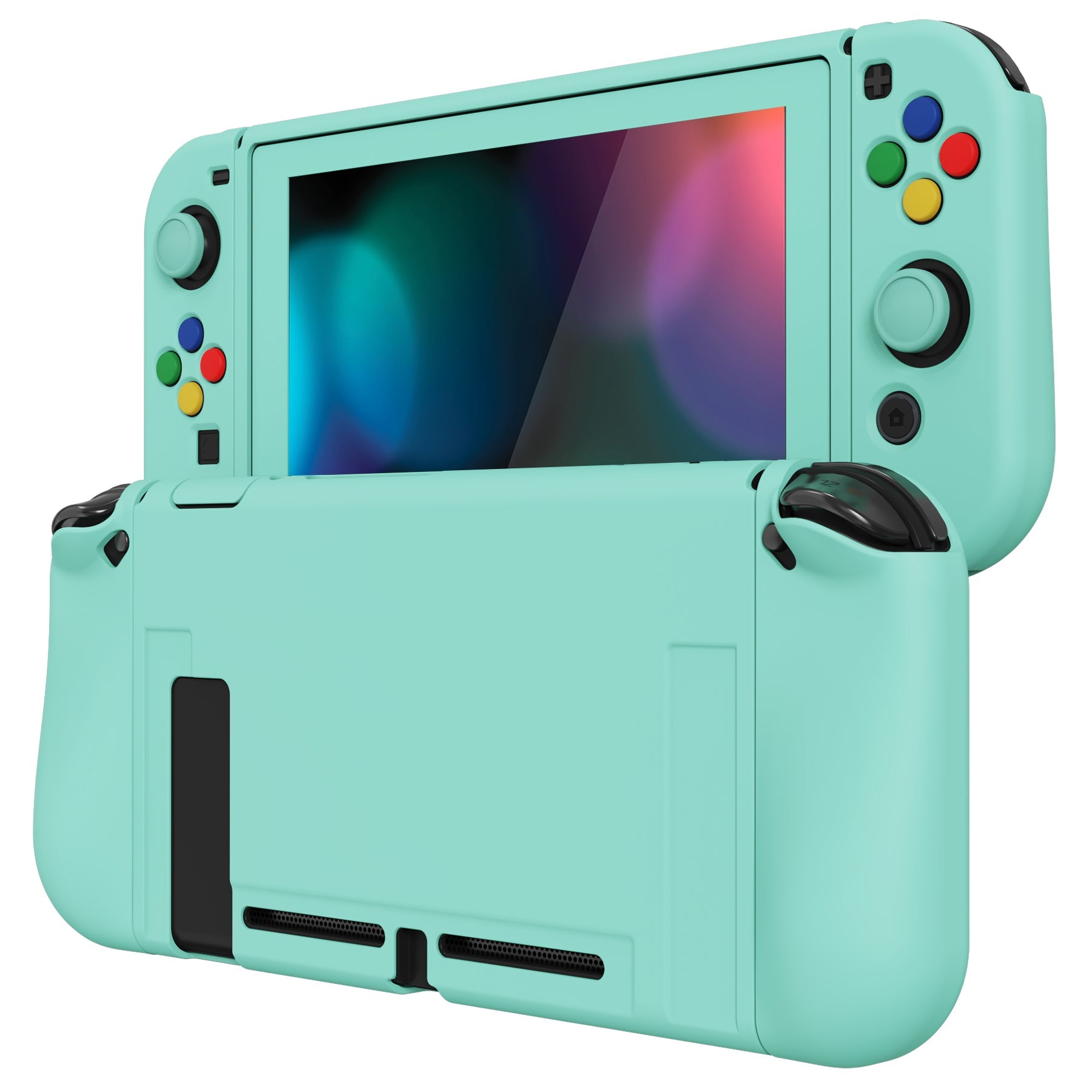 PlayVital ZealProtect Soft Protective Case for Nintendo Switch, Flexible Cover for Switch with Tempered Glass Screen Protector & Thumb Grips & ABXY Direction Button Caps - Misty Green - RNSYM5004 playvital