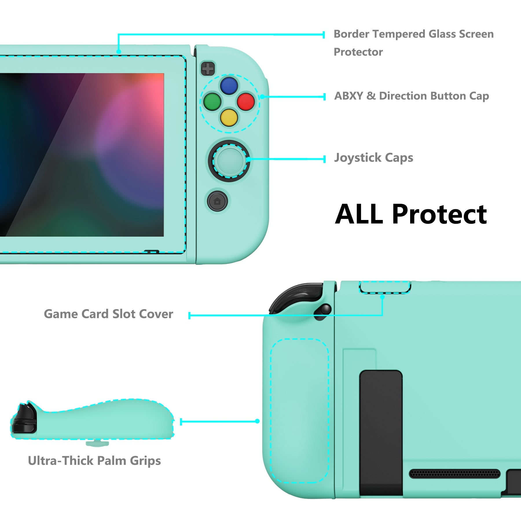 PlayVital ZealProtect Soft Protective Case for Nintendo Switch, Flexible Cover for Switch with Tempered Glass Screen Protector & Thumb Grips & ABXY Direction Button Caps - Misty Green - RNSYM5004 playvital