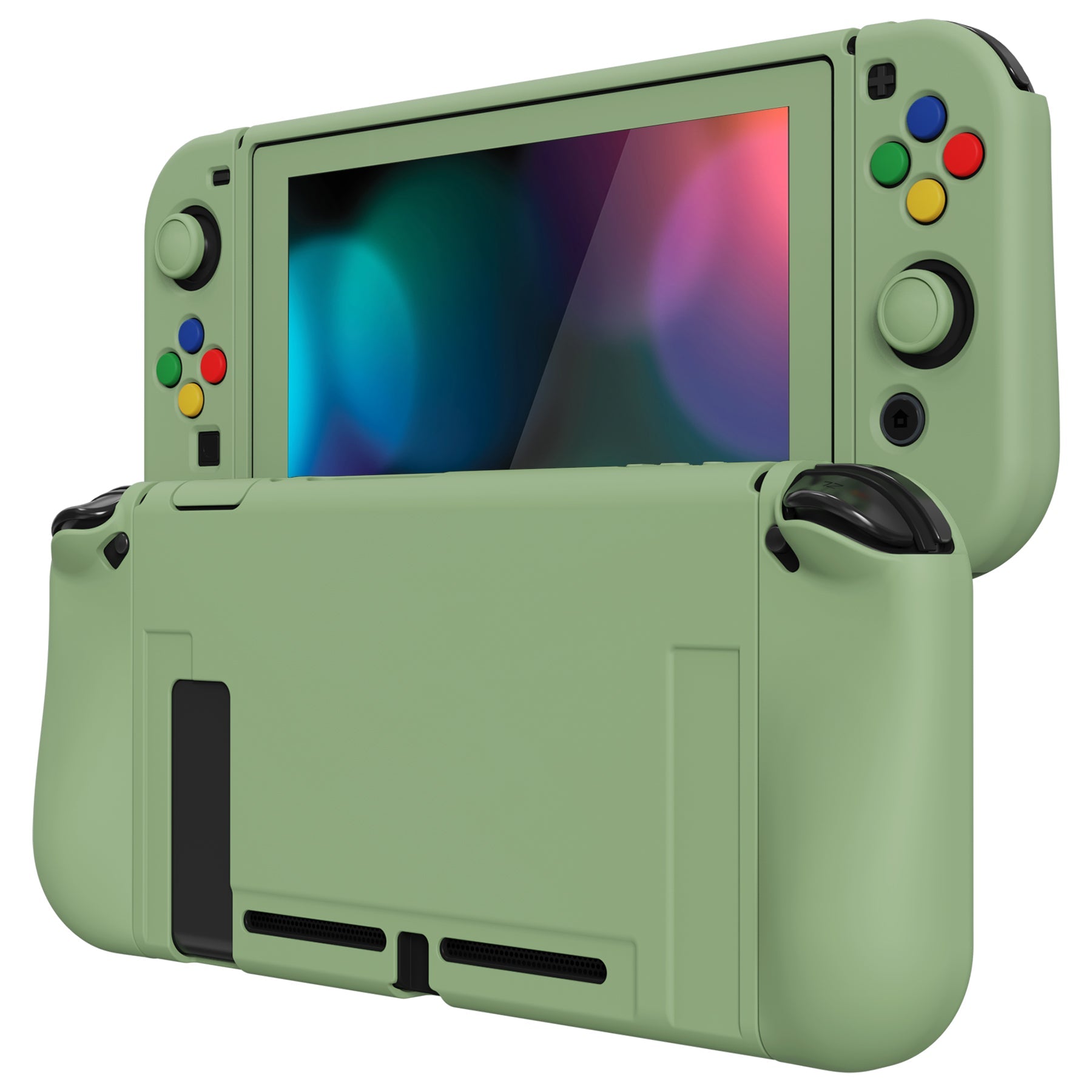 PlayVital ZealProtect Soft Protective Case for Nintendo Switch, Flexible Cover for Switch with Tempered Glass Screen Protector & Thumb Grips & ABXY Direction Button Caps - Matcha Green - RNSYM5006 playvital