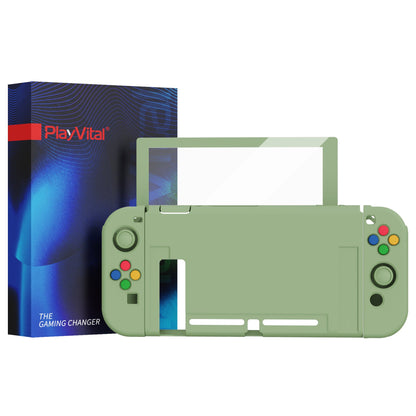 PlayVital ZealProtect Soft Protective Case for Nintendo Switch, Flexible Cover for Switch with Tempered Glass Screen Protector & Thumb Grips & ABXY Direction Button Caps - Matcha Green - RNSYM5006 playvital