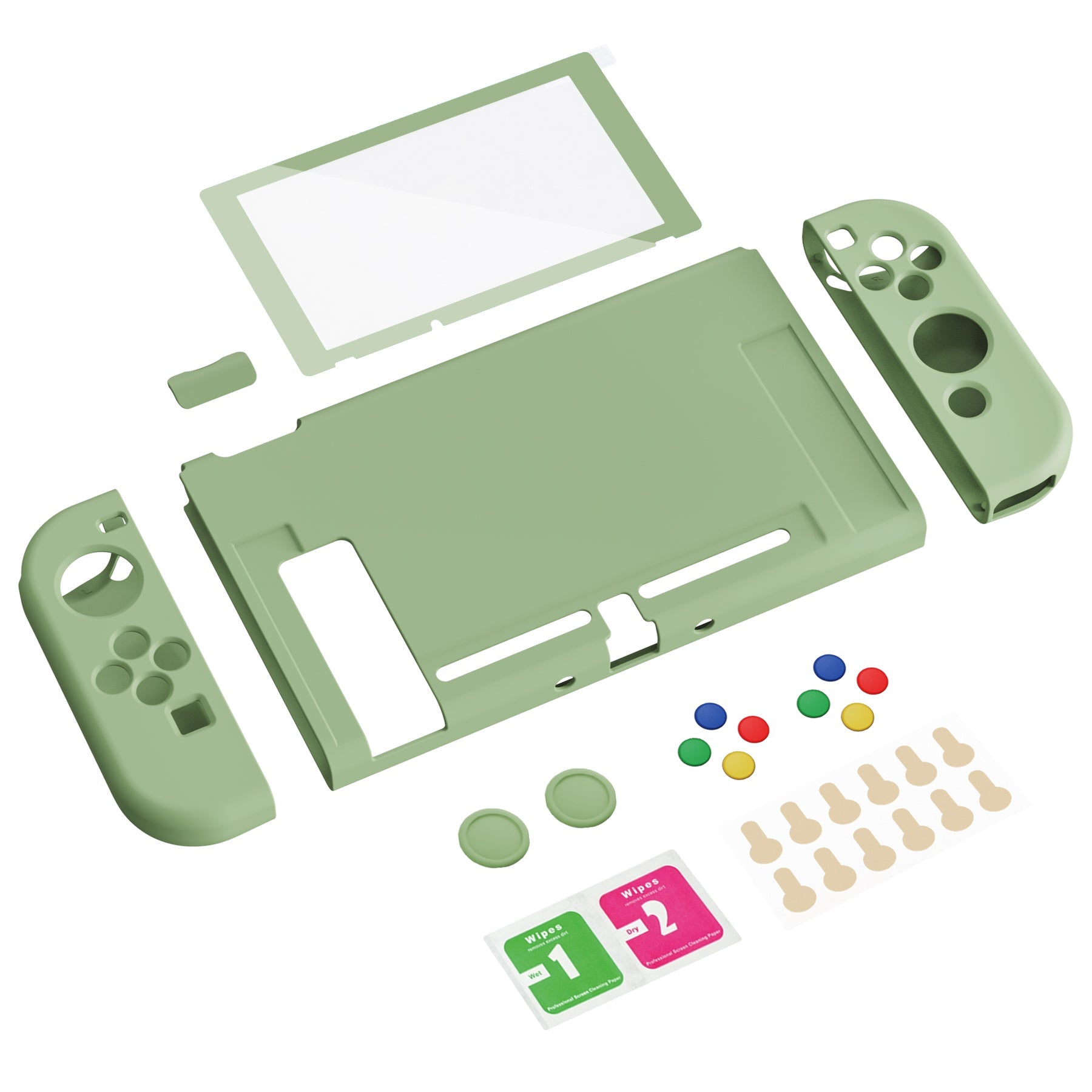 PlayVital ZealProtect Soft Protective Case for Nintendo Switch, Flexible Cover for Switch with Tempered Glass Screen Protector & Thumb Grips & ABXY Direction Button Caps - Matcha Green - RNSYM5006 playvital