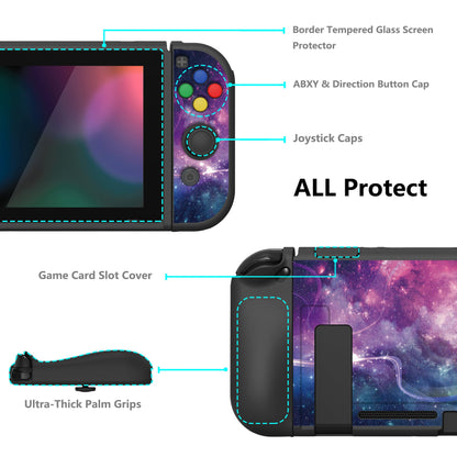 PlayVital ZealProtect Soft Protective Case for Nintendo Switch, Flexible Cover for Switch with Tempered Glass Screen Protector & Thumb Grips & ABXY Direction Button Caps - Purple Galaxy - RNSYV6001 playvital