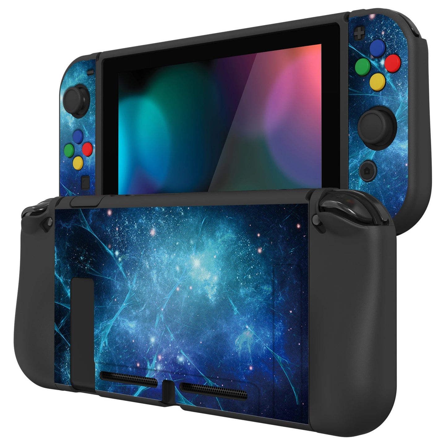 PlayVital ZealProtect Soft Protective Case for Nintendo Switch, Flexible Cover for Switch with Tempered Glass Screen Protector & Thumb Grips & ABXY Direction Button Caps - Blue Nebula - RNSYV6002 playvital