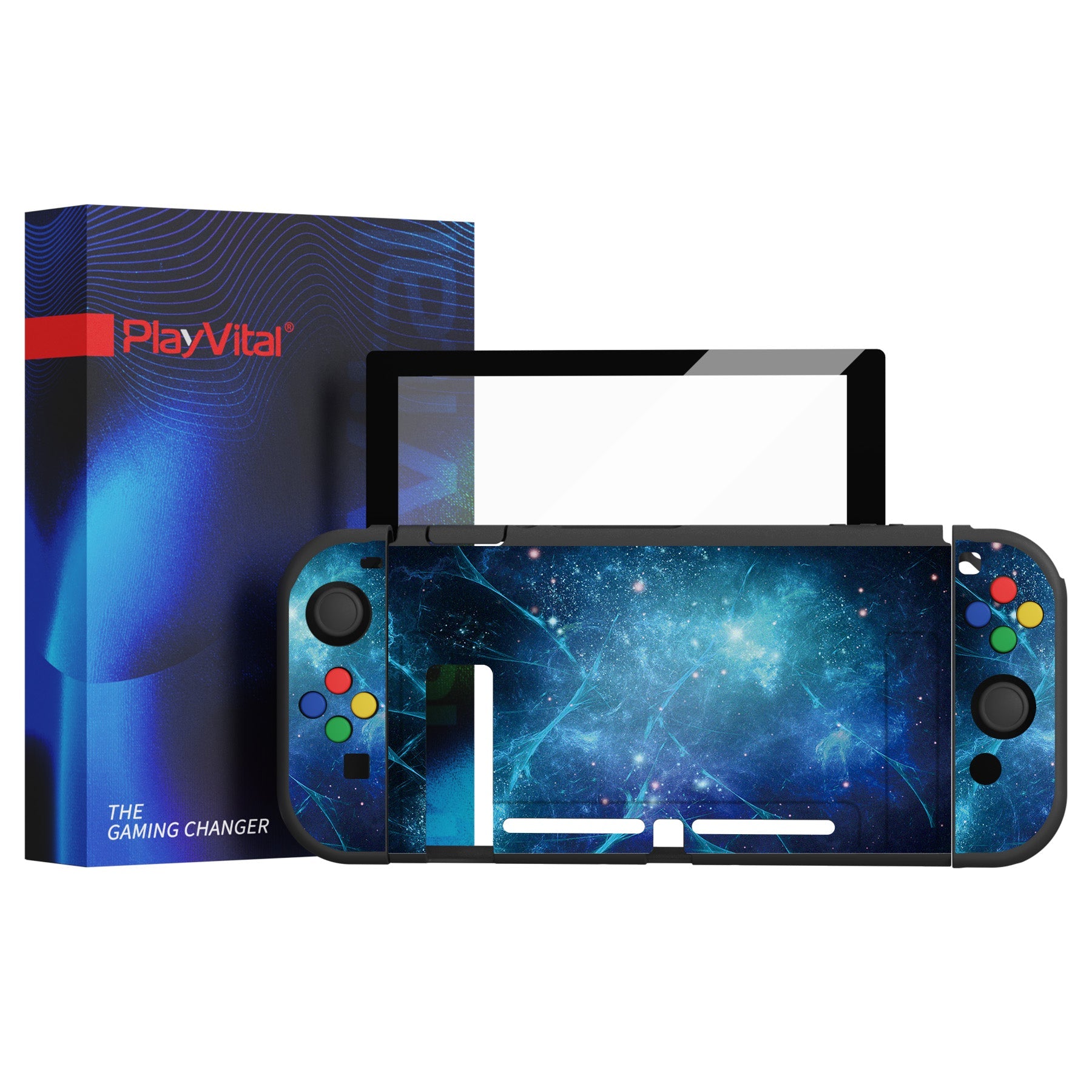 PlayVital ZealProtect Soft Protective Case for Nintendo Switch, Flexible Cover for Switch with Tempered Glass Screen Protector & Thumb Grips & ABXY Direction Button Caps - Blue Nebula - RNSYV6002 playvital