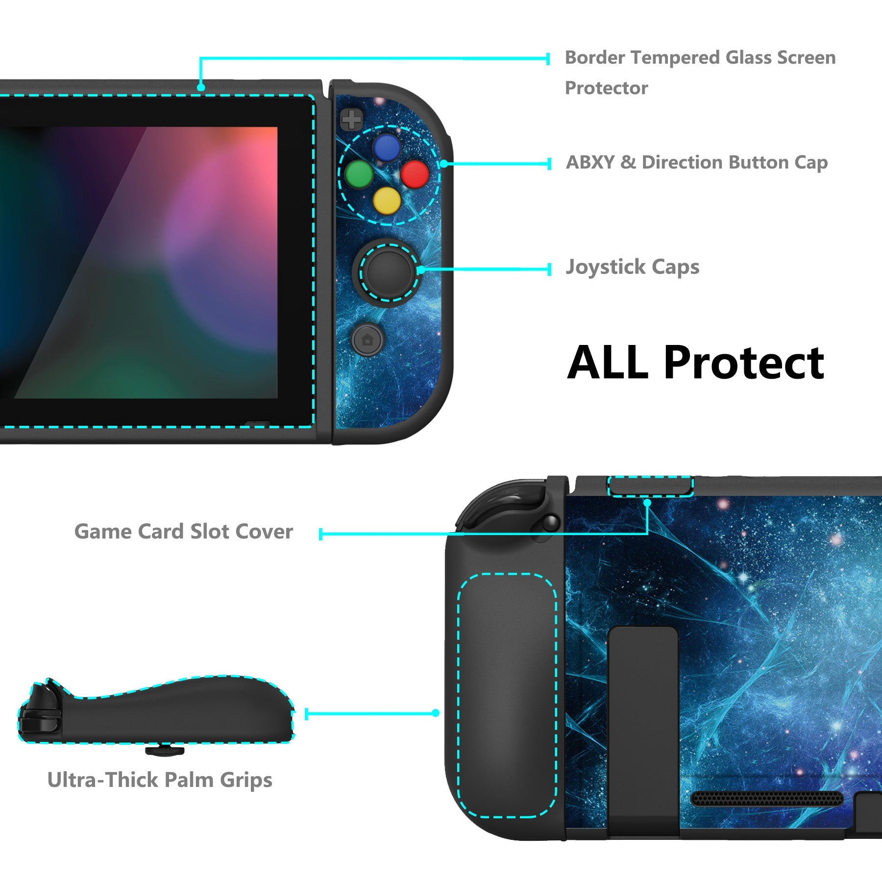 PlayVital ZealProtect Soft Protective Case for Nintendo Switch, Flexible Cover for Switch with Tempered Glass Screen Protector & Thumb Grips & ABXY Direction Button Caps - Blue Nebula - RNSYV6002 playvital