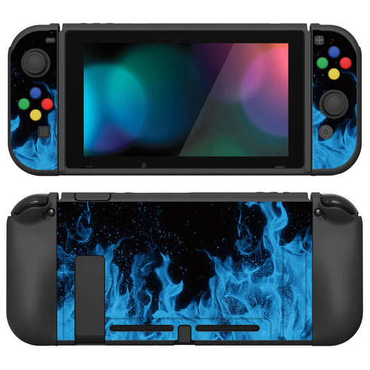 PlayVital ZealProtect Soft Protective Case for Nintendo Switch, Flexible Cover for Switch with Tempered Glass Screen Protector & Thumb Grips & ABXY Direction Button Caps - Blue Flame - RNSYV6003 playvital