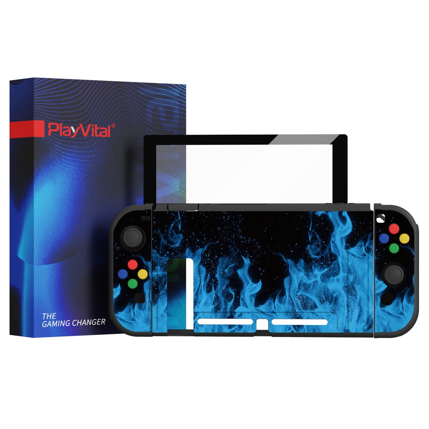 PlayVital ZealProtect Soft Protective Case for Nintendo Switch, Flexible Cover for Switch with Tempered Glass Screen Protector & Thumb Grips & ABXY Direction Button Caps - Blue Flame - RNSYV6003 playvital