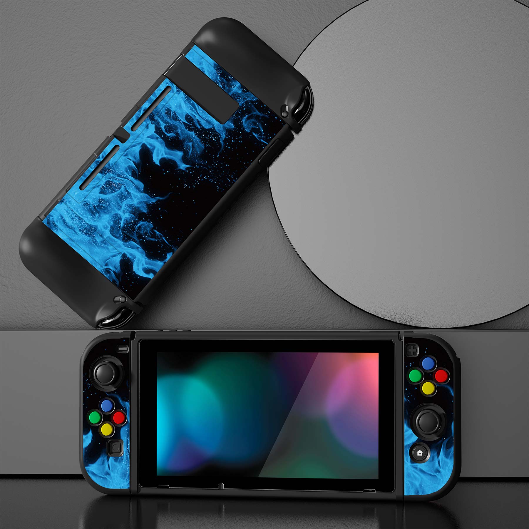 PlayVital ZealProtect Soft Protective Case for Nintendo Switch, Flexible Cover for Switch with Tempered Glass Screen Protector & Thumb Grips & ABXY Direction Button Caps - Blue Flame - RNSYV6003 playvital