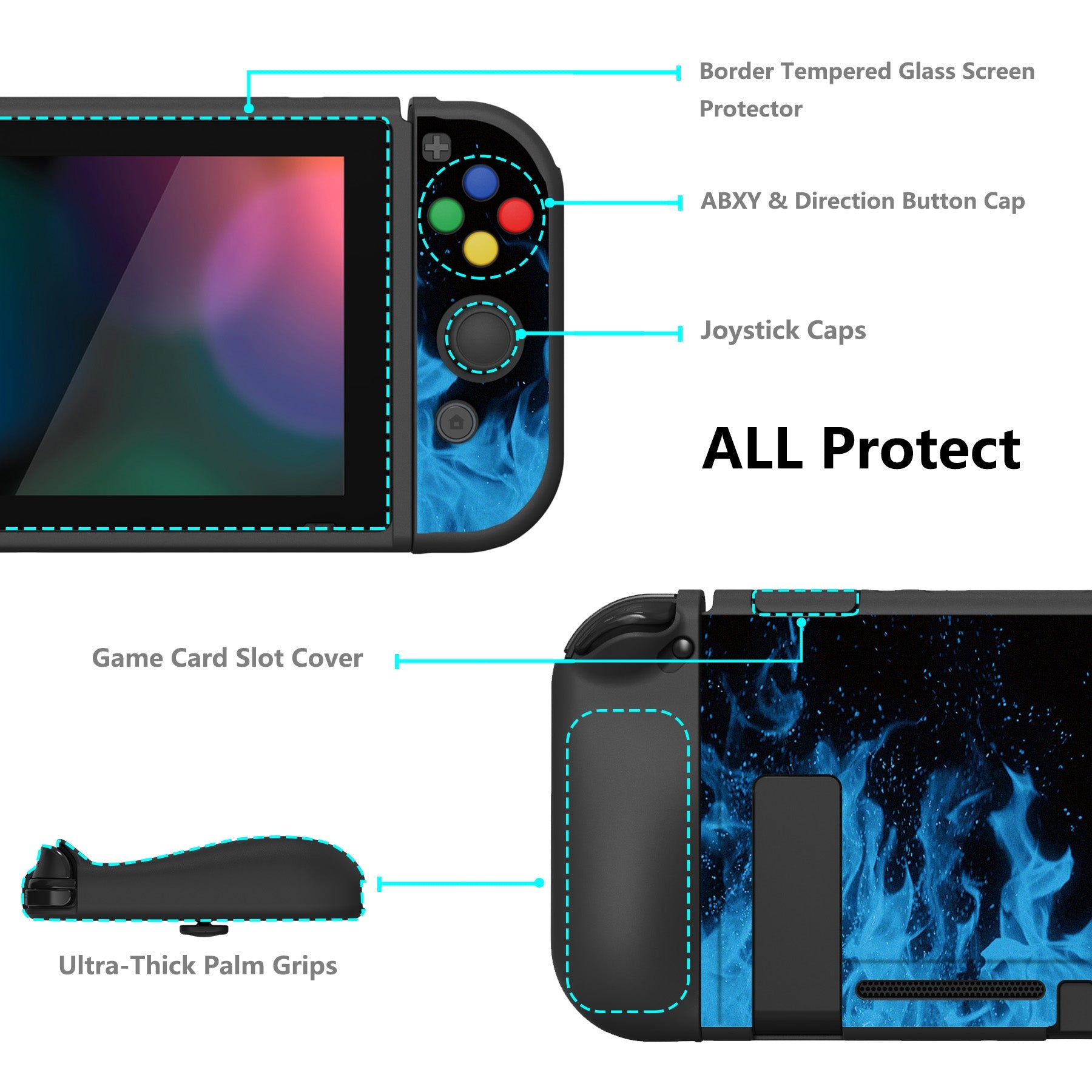 PlayVital ZealProtect Soft Protective Case for Nintendo Switch, Flexible Cover for Switch with Tempered Glass Screen Protector & Thumb Grips & ABXY Direction Button Caps - Blue Flame - RNSYV6003 playvital