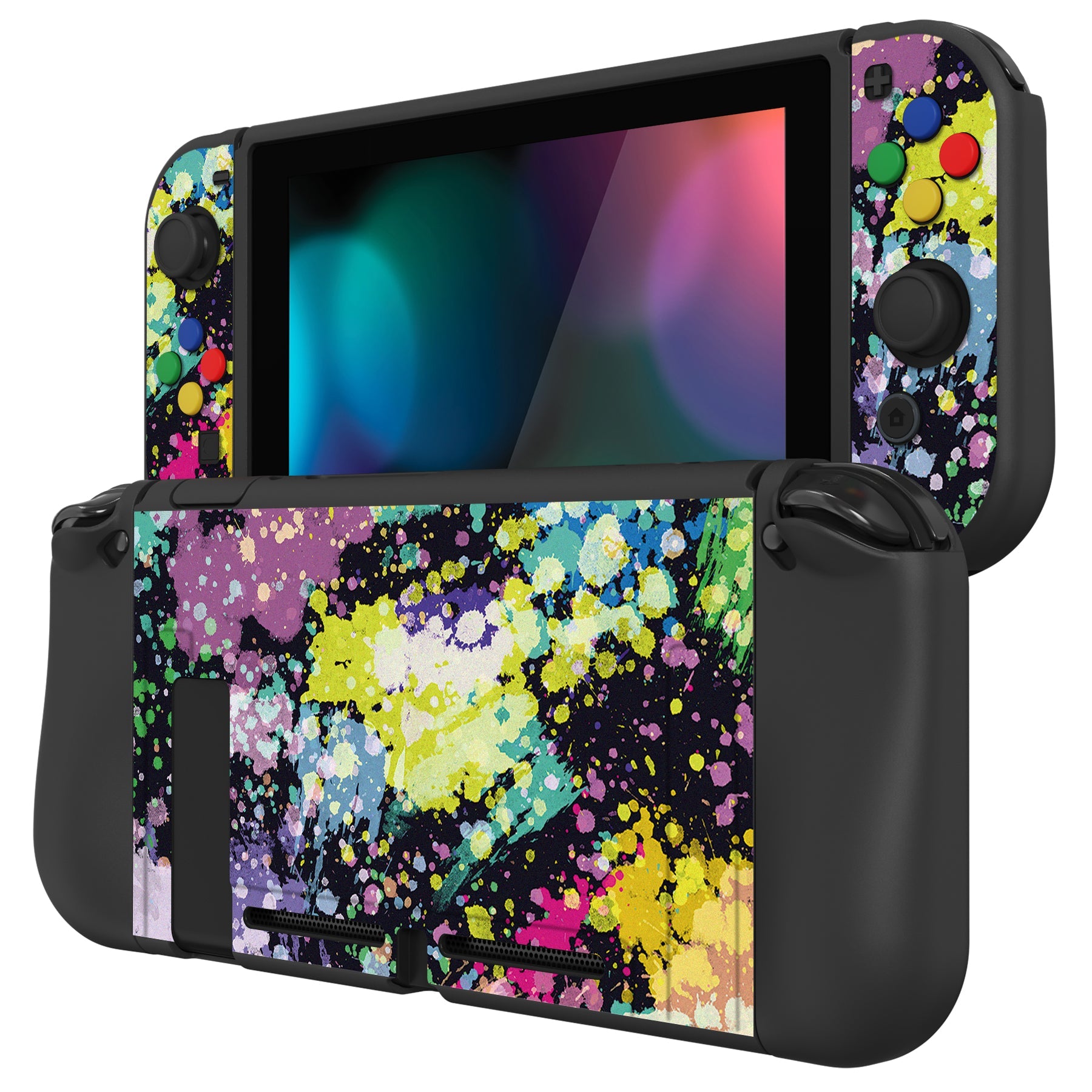 PlayVital ZealProtect Soft Protective Case for Nintendo Switch, Flexible Cover for Switch with Tempered Glass Screen Protector & Thumb Grips & ABXY Direction Button Caps - Watercolour Splash - RNSYV6004 playvital