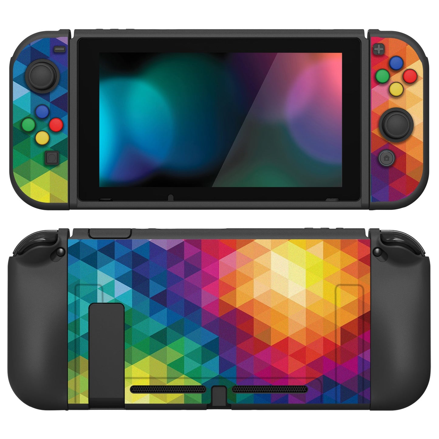 PlayVital ZealProtect Soft Protective Case for Nintendo Switch, Flexible Cover for Switch with Tempered Glass Screen Protector & Thumb Grips & ABXY Direction Button Caps - Colorful Triangle - RNSYV6005 playvital