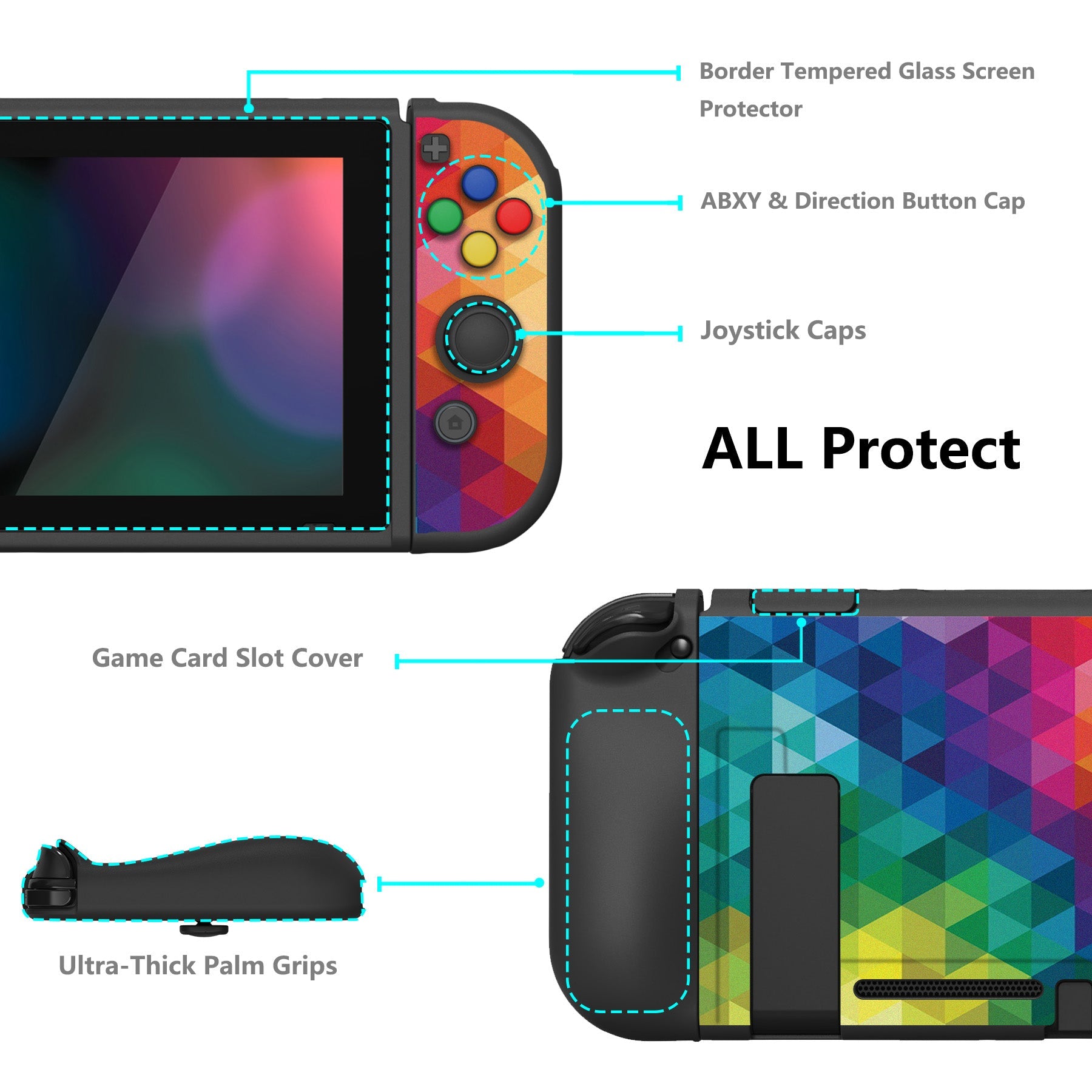 PlayVital ZealProtect Soft Protective Case for Nintendo Switch, Flexible Cover for Switch with Tempered Glass Screen Protector & Thumb Grips & ABXY Direction Button Caps - Colorful Triangle - RNSYV6005 playvital