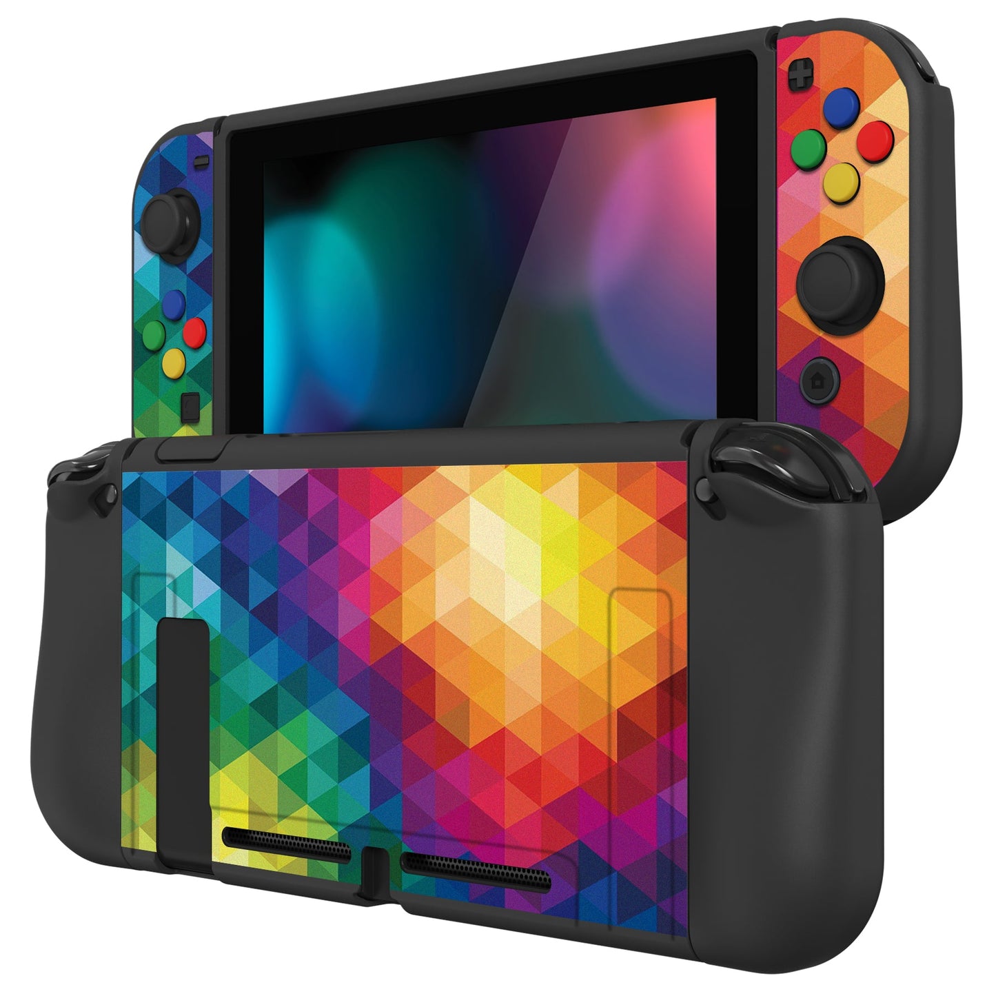 PlayVital ZealProtect Soft Protective Case for Nintendo Switch, Flexible Cover for Switch with Tempered Glass Screen Protector & Thumb Grips & ABXY Direction Button Caps - Colorful Triangle - RNSYV6005 playvital