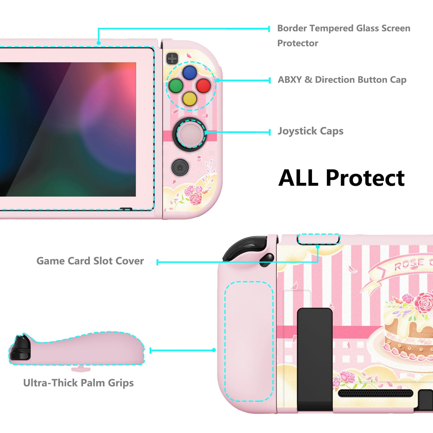 PlayVital ZealProtect Soft Protective Case for Nintendo Switch, Flexible Cover for Switch with Tempered Glass Screen Protector & Thumb Grips & ABXY Direction Button Caps - Rose Cake - RNSYV6006 playvital