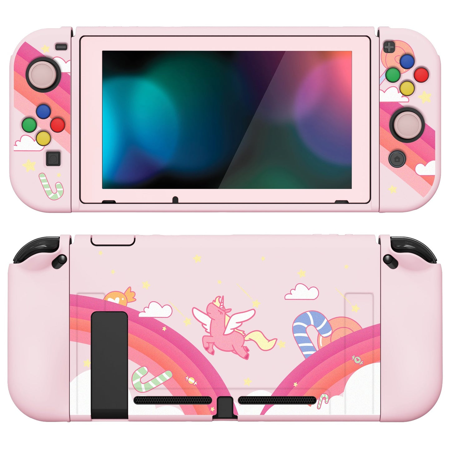 PlayVital ZealProtect Soft Protective Case for Nintendo Switch, Flexible Cover for Switch with Tempered Glass Screen Protector & Thumb Grips & ABXY Direction Button Caps - Candy Rainbow Unicorn - RNSYV6007 playvital