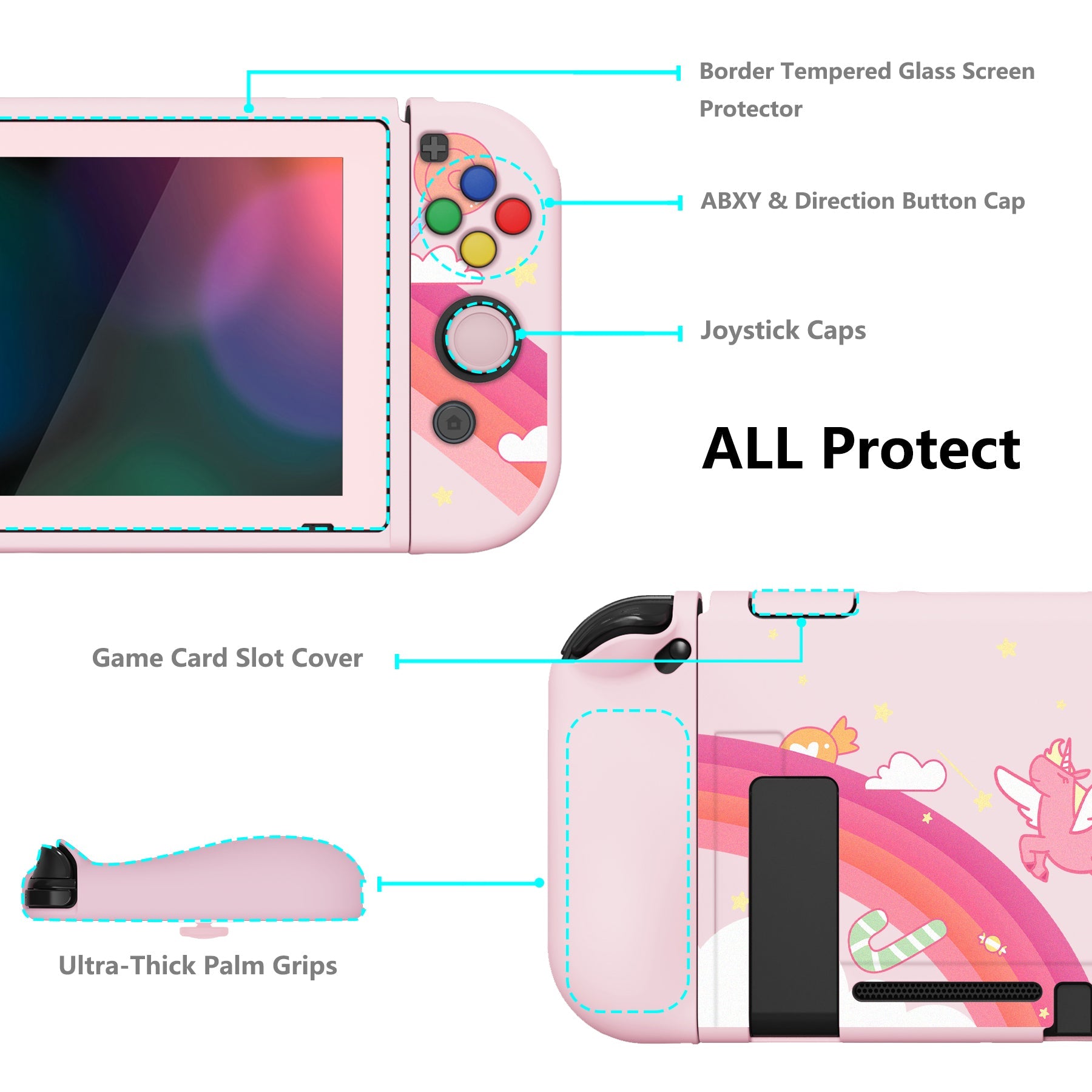 PlayVital ZealProtect Soft Protective Case for Nintendo Switch, Flexible Cover for Switch with Tempered Glass Screen Protector & Thumb Grips & ABXY Direction Button Caps - Candy Rainbow Unicorn - RNSYV6007 playvital