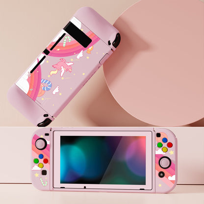 PlayVital ZealProtect Soft Protective Case for Nintendo Switch, Flexible Cover for Switch with Tempered Glass Screen Protector & Thumb Grips & ABXY Direction Button Caps - Candy Rainbow Unicorn - RNSYV6007 playvital