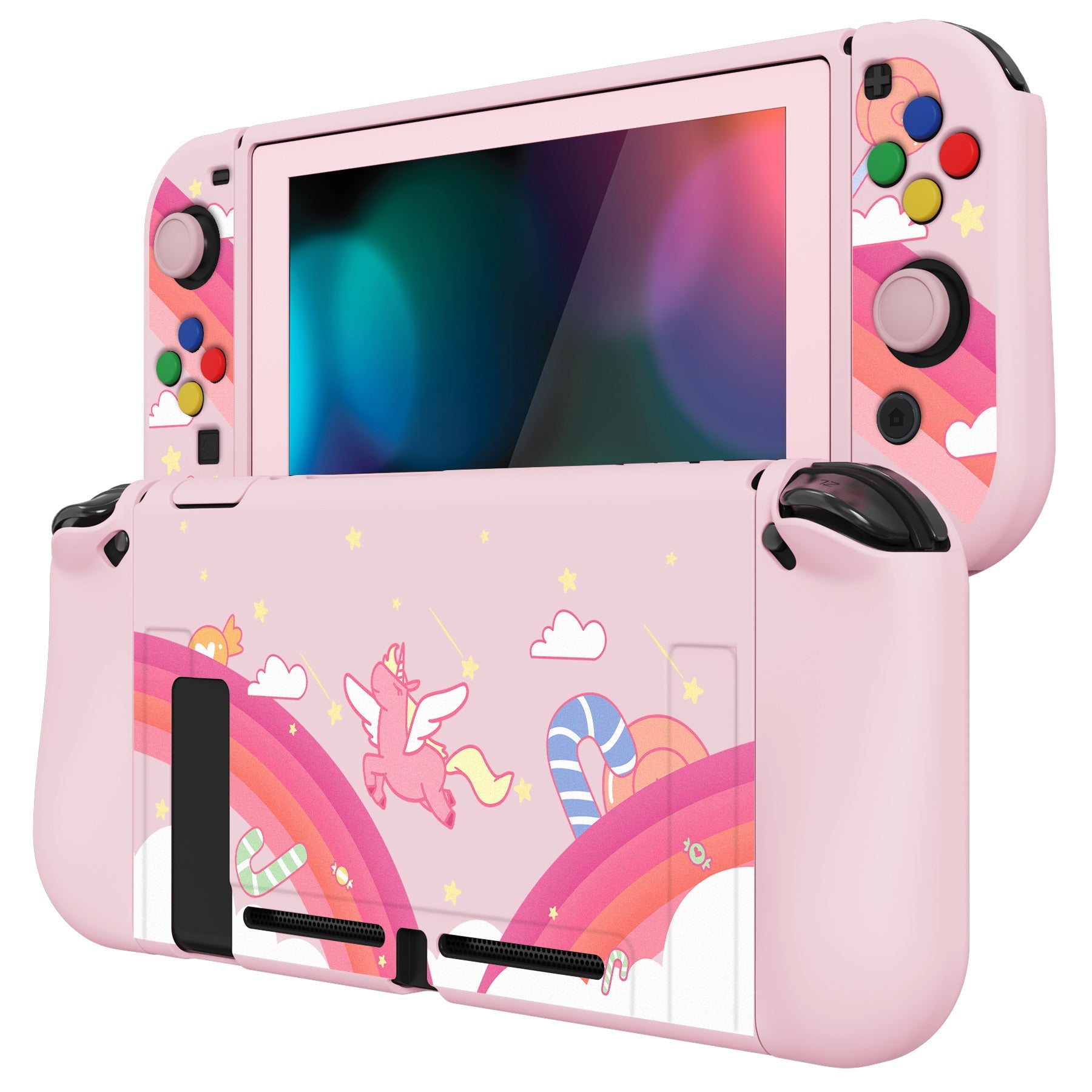 PlayVital ZealProtect Soft Protective Case for Nintendo Switch, Flexible Cover for Switch with Tempered Glass Screen Protector & Thumb Grips & ABXY Direction Button Caps - Candy Rainbow Unicorn - RNSYV6007 playvital