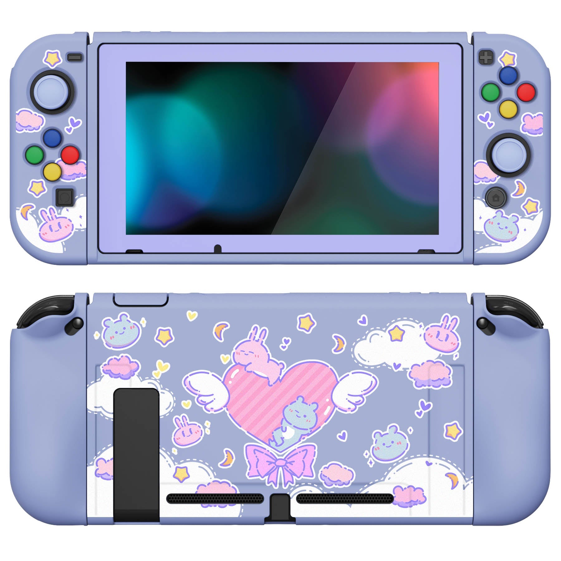 PlayVital ZealProtect Soft Protective Case for Nintendo Switch, Flexible Cover for Switch with Tempered Glass Screen Protector & Thumb Grips & ABXY Direction Button Caps - Fantasy Bunny & Bear - RNSYV6010 playvital