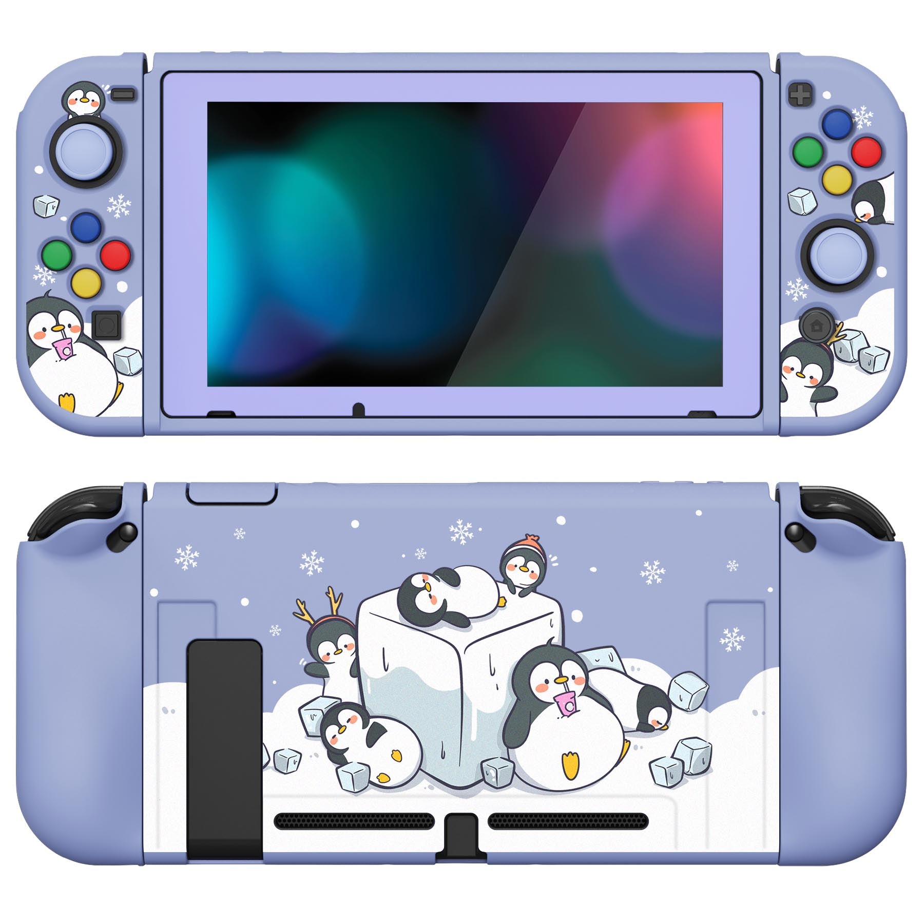 PlayVital ZealProtect Soft Protective Case for Nintendo Switch, Flexible Cover for Switch with Tempered Glass Screen Protector & Thumb Grips & ABXY Direction Button Caps - ICY Cube Penguin - RNSYV6011 playvital