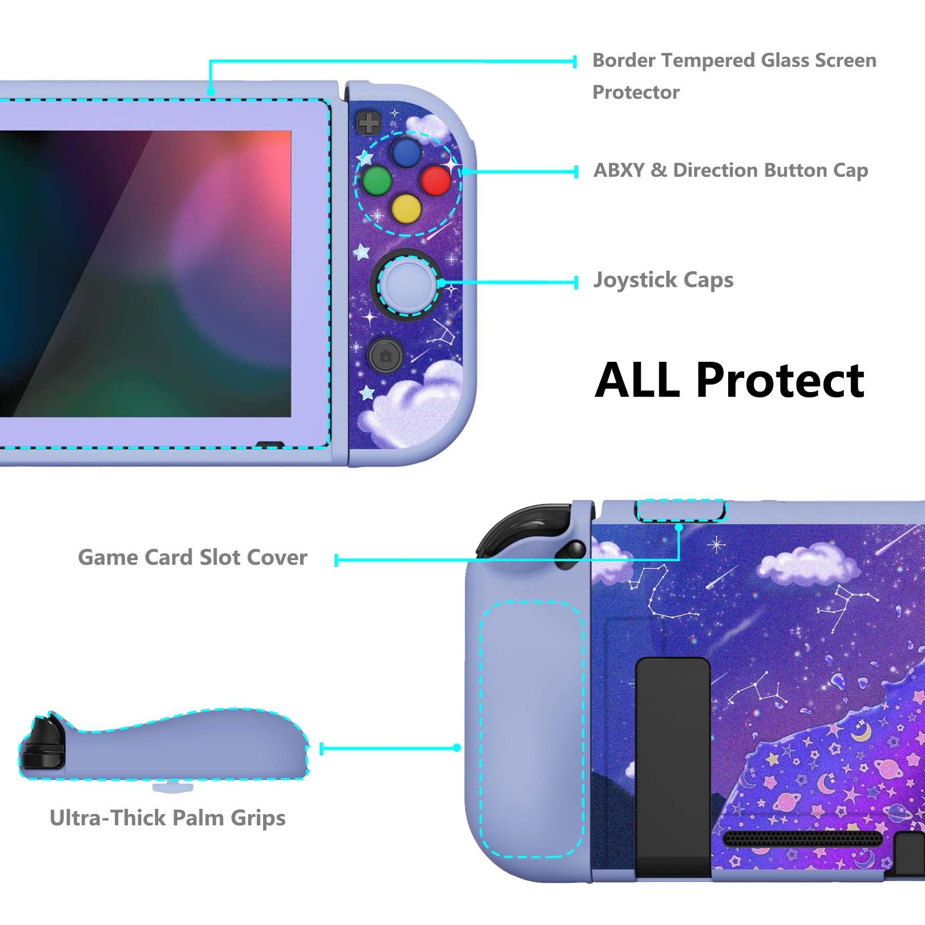 PlayVital ZealProtect Soft Protective Case for Nintendo Switch, Flexible Cover for Switch with Tempered Glass Screen Protector & Thumb Grips & ABXY Direction Button Caps - Pouring Starry - RNSYV6012 playvital