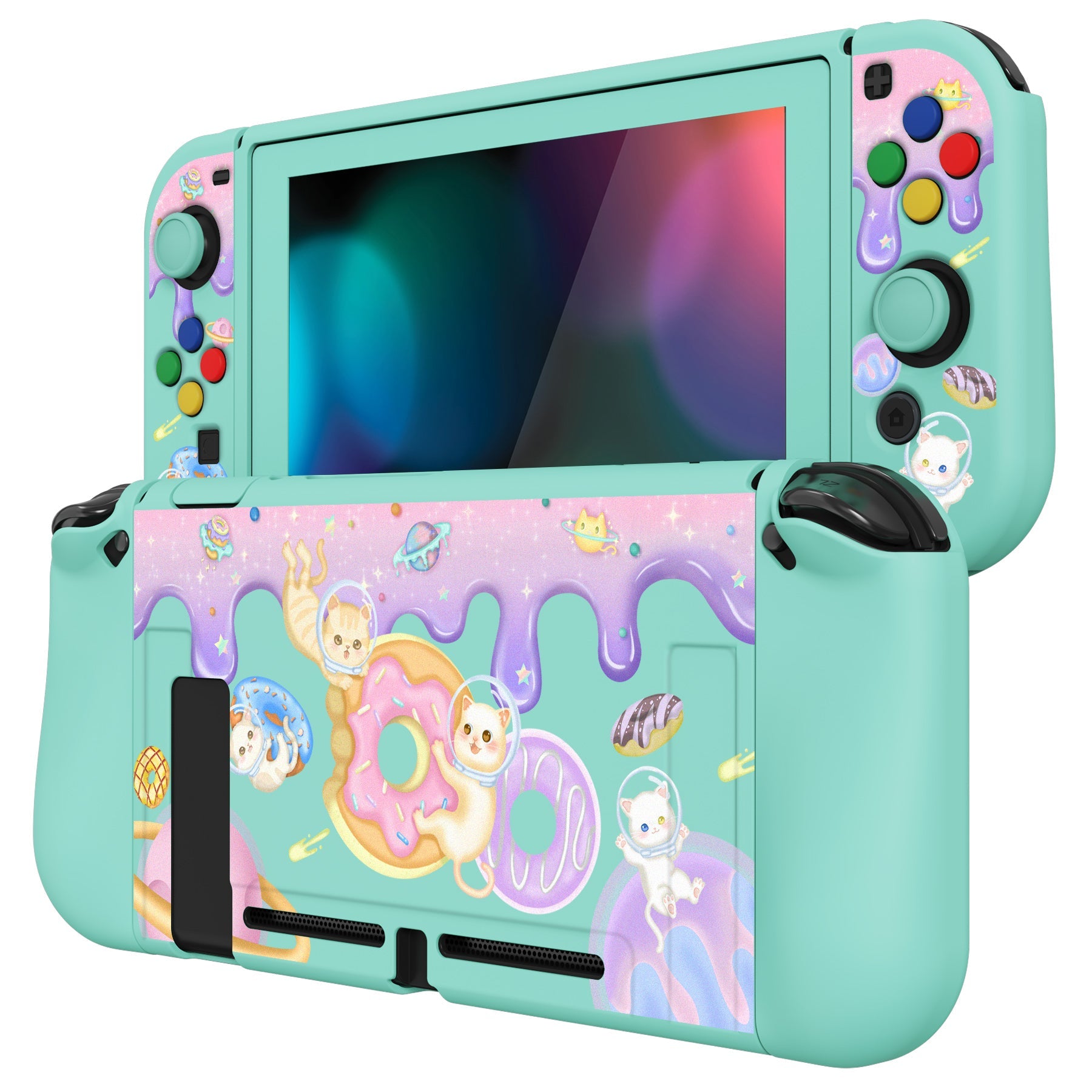 PlayVital ZealProtect Soft Protective Case for Nintendo Switch, Flexible Cover for Switch with Tempered Glass Screen Protector & Thumb Grips & ABXY Direction Button Caps - Donut Odyssey - RNSYV6013 playvital