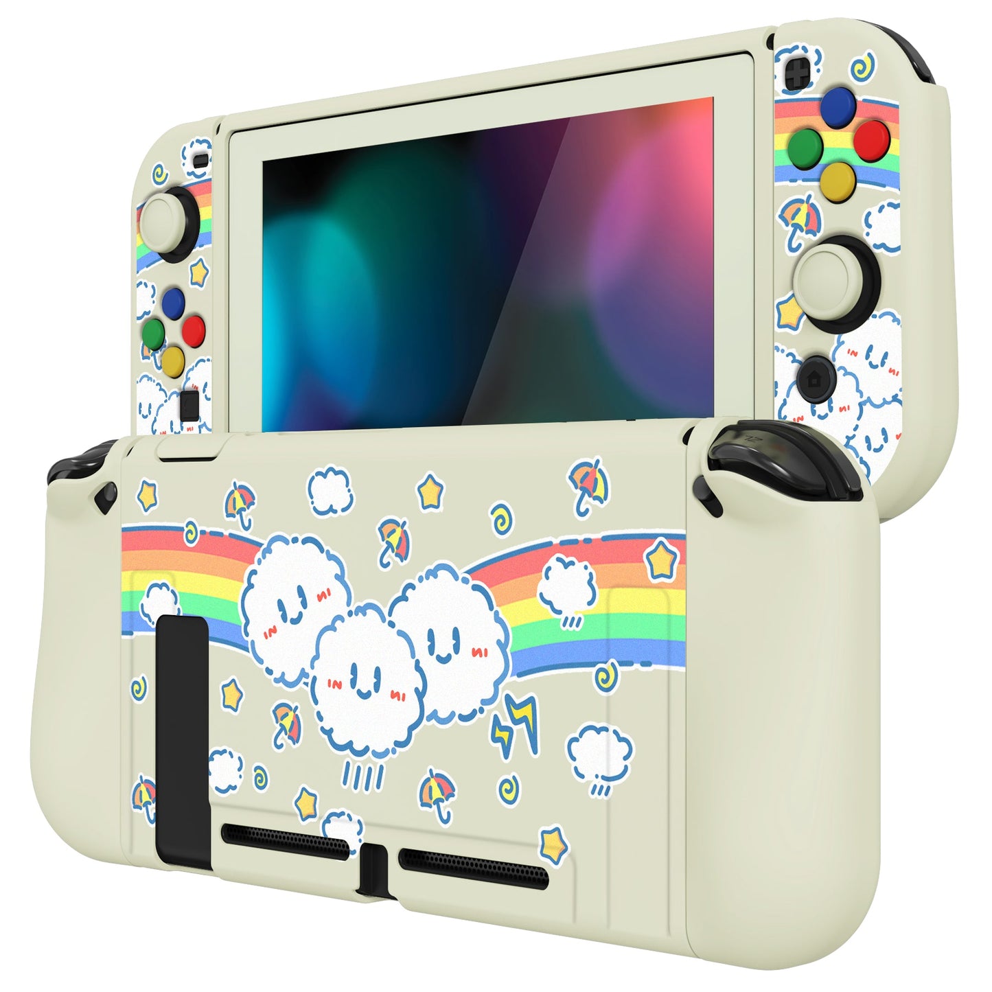 PlayVital ZealProtect Soft Protective Case for Nintendo Switch, Flexible Cover for Switch with Tempered Glass Screen Protector & Thumb Grips & ABXY Direction Button Caps - Rainbow on Cloud - RNSYV6016 playvital