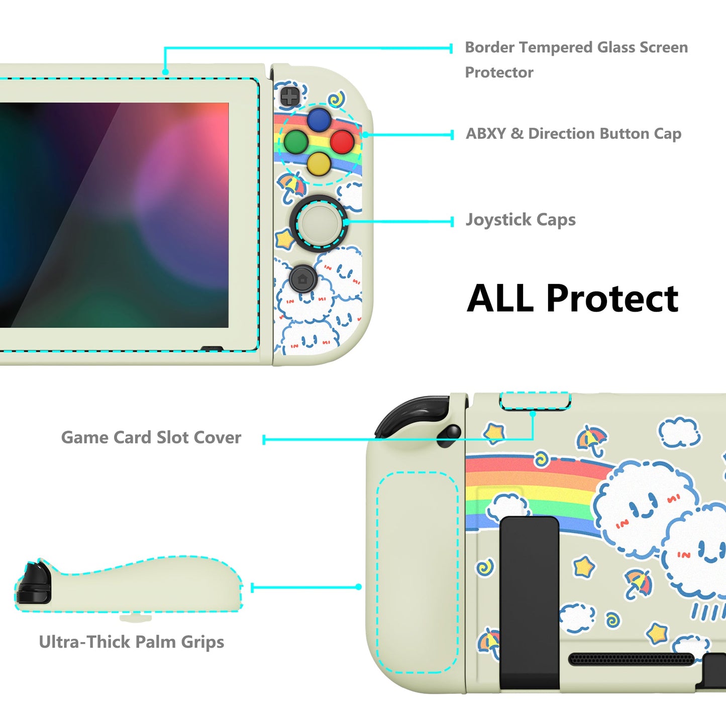 PlayVital ZealProtect Soft Protective Case for Nintendo Switch, Flexible Cover for Switch with Tempered Glass Screen Protector & Thumb Grips & ABXY Direction Button Caps - Rainbow on Cloud - RNSYV6016 playvital