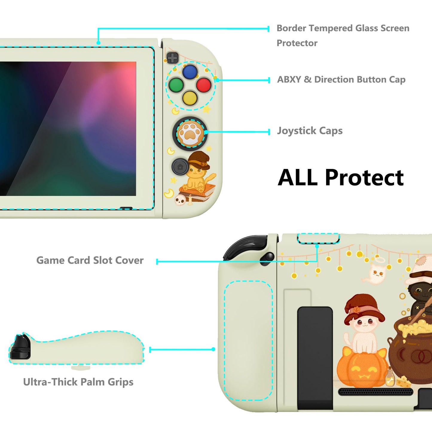 PlayVital ZealProtect Soft Protective Case for Nintendo Switch - Triplets Pumpkin Cats - RNSYV6020 playvital