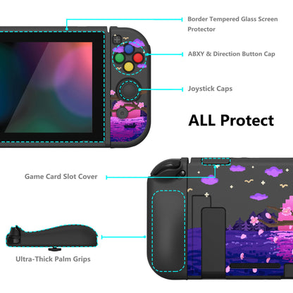 PlayVital ZealProtect Soft Protective Case for Nintendo Switch, Flexible Cover for Switch with Tempered Glass Screen Protector & Thumb Grips & ABXY Direction Button Caps - Pixel Moon Night - RNSYV6023 playvital