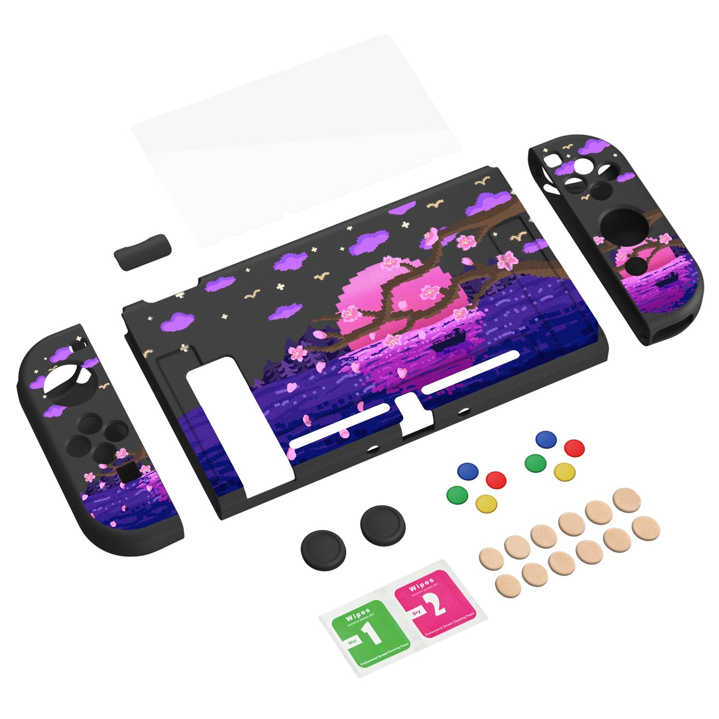 PlayVital ZealProtect Soft Protective Case for Nintendo Switch, Flexible Cover for Switch with Tempered Glass Screen Protector & Thumb Grips & ABXY Direction Button Caps - Pixel Moon Night - RNSYV6023 playvital