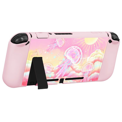 PlayVital ZealProtect Soft Protective Case for Nintendo Switch, Flexible Cover for Switch with Tempered Glass Screen Protector & Thumb Grips & ABXY Direction Button Caps - Pinky Jellyfish Heaven - RNSYV6025 playvital