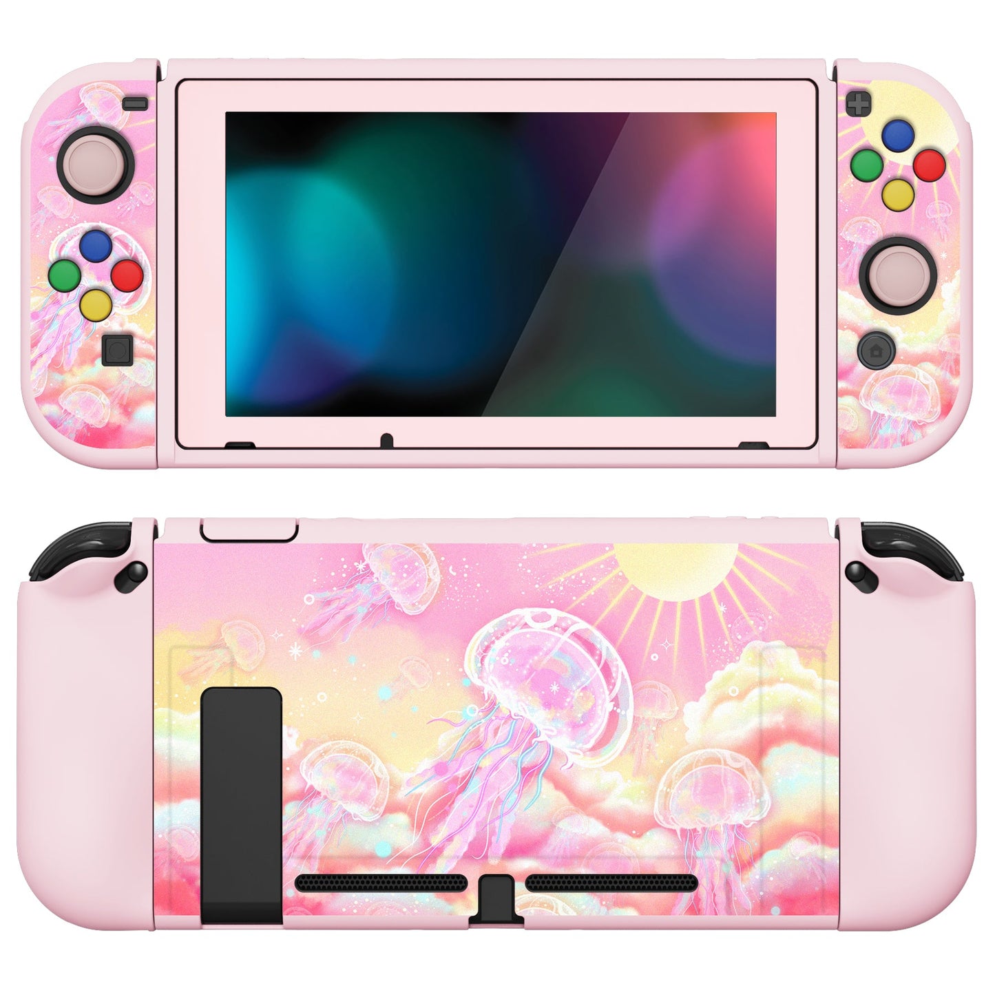 PlayVital ZealProtect Soft Protective Case for Nintendo Switch, Flexible Cover for Switch with Tempered Glass Screen Protector & Thumb Grips & ABXY Direction Button Caps - Pinky Jellyfish Heaven - RNSYV6025 playvital