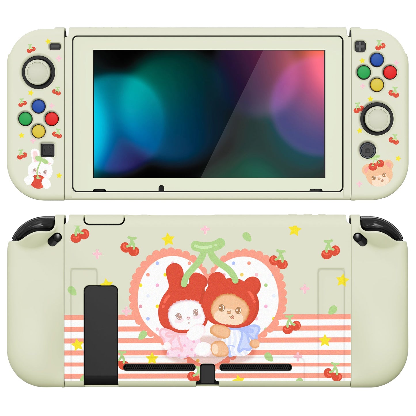 PlayVital ZealProtect Soft Protective Case for Nintendo Switch, Flexible Cover for Switch with Tempered Glass Screen Protector & Thumb Grips & ABXY Direction Button Caps - Cherry Bunny & Cherry Bear - RNSYV6030 playvital