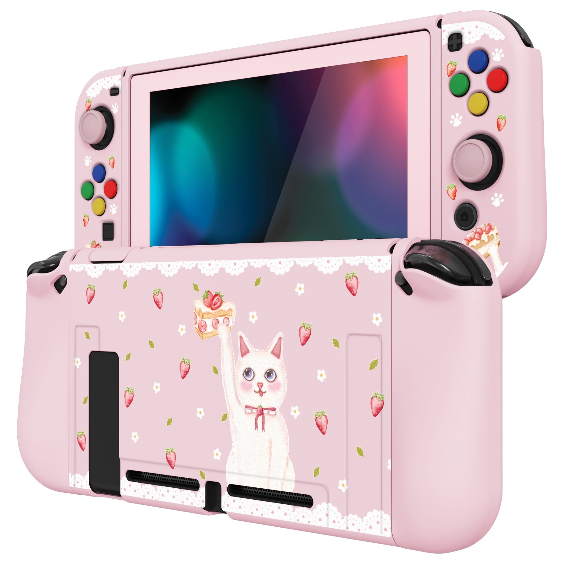 PlayVital ZealProtect Soft Protective Case for Nintendo Switch, Flexible Cover for Switch with Tempered Glass Screen Protector & Thumb Grips & ABXY Direction Button Caps - Tea Time Kitty - RNSYV6032 playvital