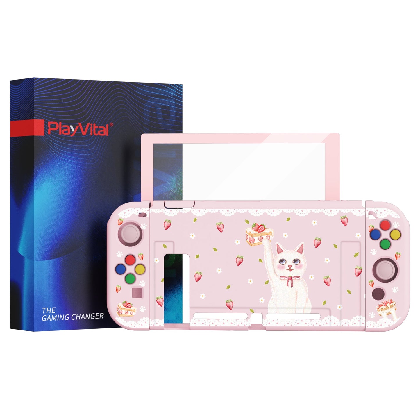 PlayVital ZealProtect Soft Protective Case for Nintendo Switch, Flexible Cover for Switch with Tempered Glass Screen Protector & Thumb Grips & ABXY Direction Button Caps - Tea Time Kitty - RNSYV6032 playvital