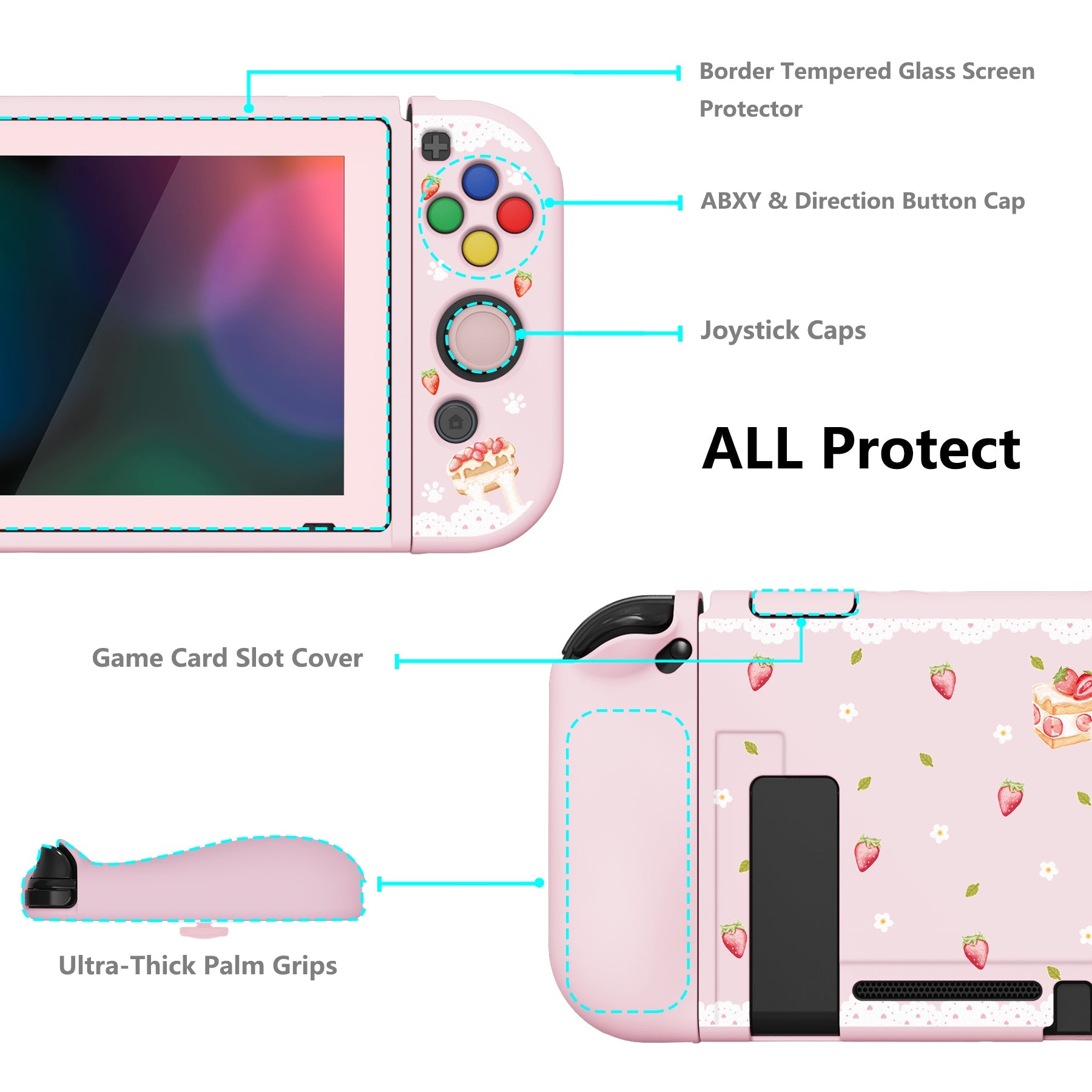 PlayVital ZealProtect Soft Protective Case for Nintendo Switch, Flexible Cover for Switch with Tempered Glass Screen Protector & Thumb Grips & ABXY Direction Button Caps - Tea Time Kitty - RNSYV6032 playvital