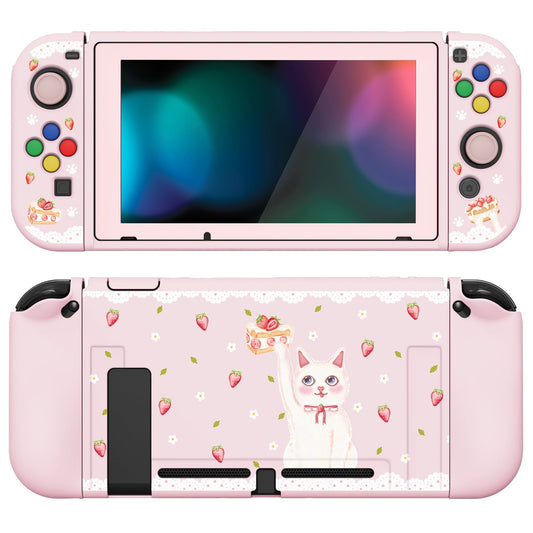 PlayVital ZealProtect Soft Protective Case for Nintendo Switch, Flexible Cover for Switch with Tempered Glass Screen Protector & Thumb Grips & ABXY Direction Button Caps - Tea Time Kitty - RNSYV6032 playvital