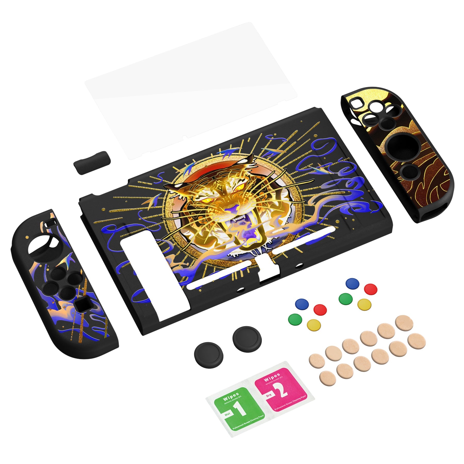 PlayVital ZealProtect Soft Protective Case for Nintendo Switch, Flexible Cover for Switch with Tempered Glass Screen Protector & Thumb Grips & ABXY Direction Button Caps - Tiger Tarot - RNSYV6042 playvital