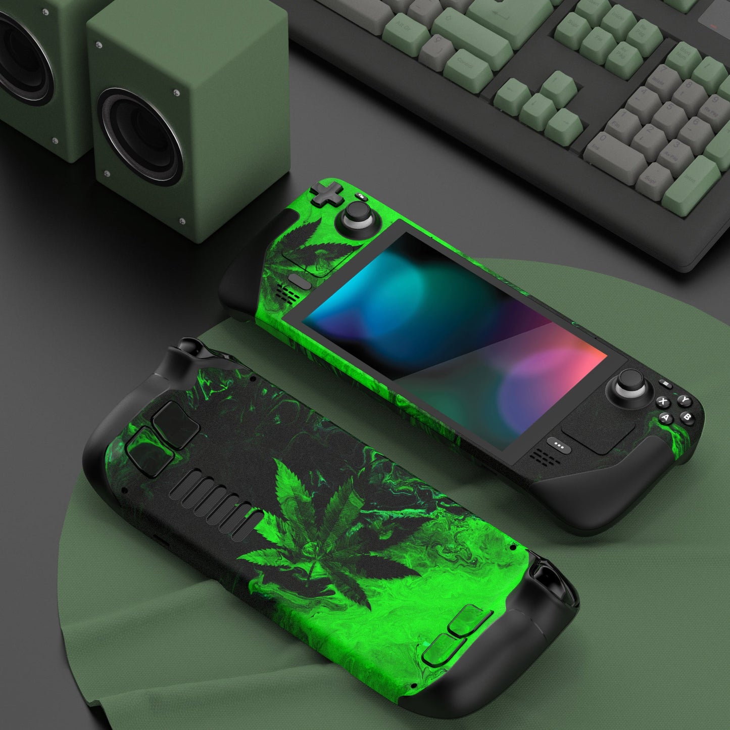 PlayVital Full Set Protective Skin Decal for Steam Deck, Custom Stickers Vinyl Cover for Steam Deck Handheld Gaming PC - Green Leaf - SDTM053 PlayVital