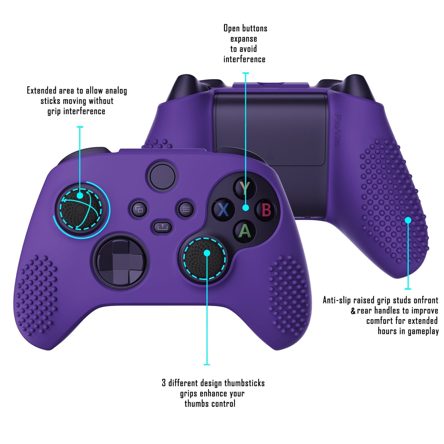 PlayVital Purple 3D Studded Edition Anti-slip Silicone Cover Skin for Xbox Series X Controller, Soft Rubber Case Protector for Xbox Series S Controller with 6 Black Thumb Grip Caps - SDX3007 PlayVital