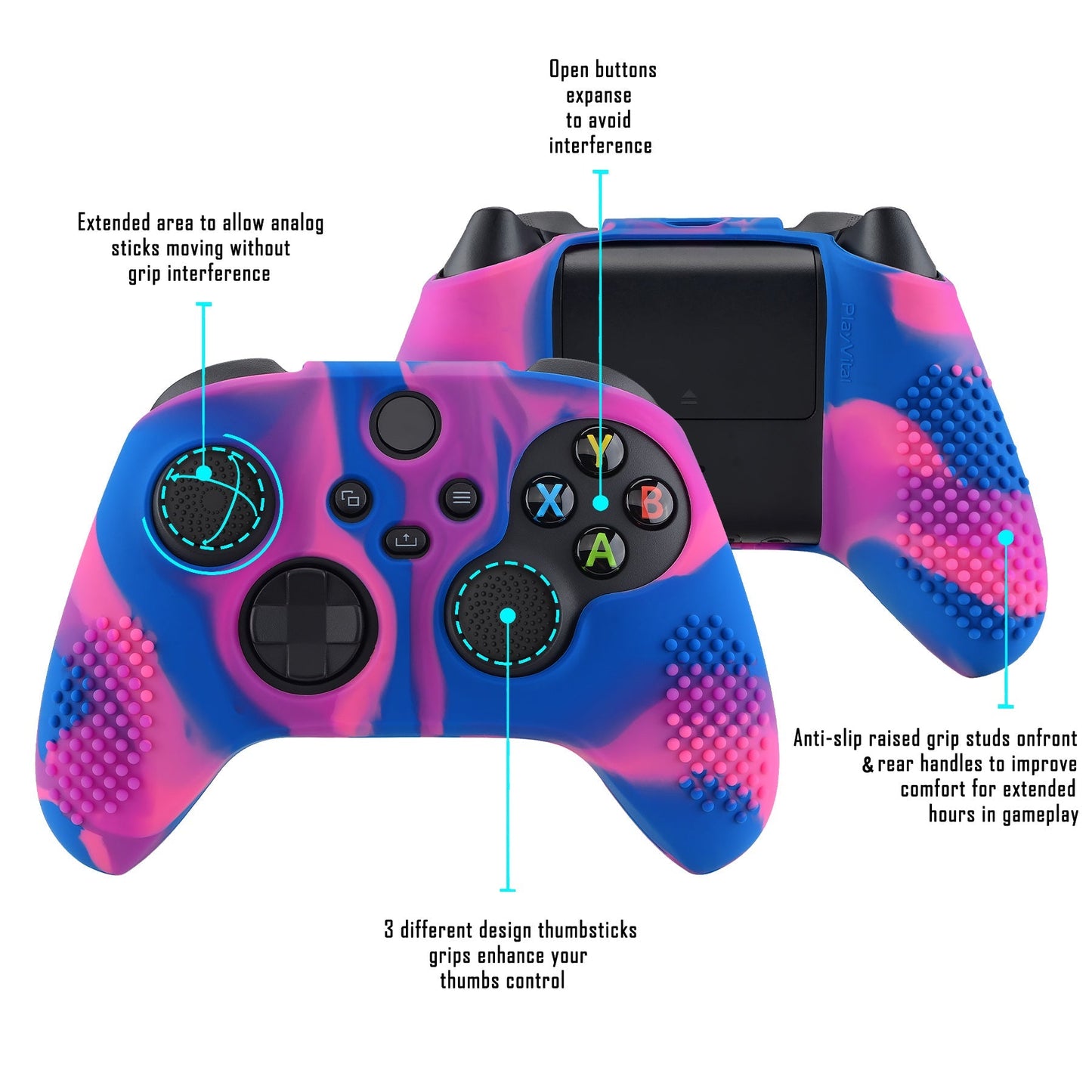 PlayVital Pink & Purple & Blue 3D Studded Edition Anti-slip Silicone Cover Skin for Xbox Series X Controller, Soft Rubber Case Protector for Xbox Series S Controller with 6 Black Thumb Grip Caps - SDX3015 PlayVital