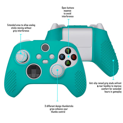 PlayVital Aqua Green 3D Studded Edition Anti-slip Silicone Cover Skin for Xbox Series X Controller, Soft Rubber Case Protector for Xbox Series S Controller with 6 White Thumb Grip Caps - SDX3010 PlayVital