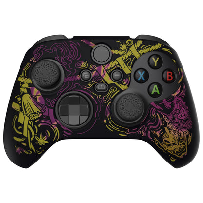 PlayVital Water Transfer Printing Samurai Prajna (Purple & Yellow) Silicone Cover Skin for Xbox Series X/S Controller, Soft Rubber Case Protector for Xbox Series X/S, Xbox Core Controller wtih 6 Thumb Grip Caps - BLX3026 PlayVital