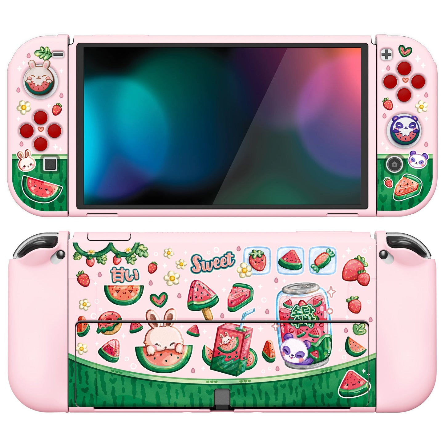 PlayVital ZealProtect Soft Protective Case with Thumb Grip Caps & ABXY Direction Button Caps for Switch OLED - Watermelon Sweet Treats - XSOYV6034 playvital