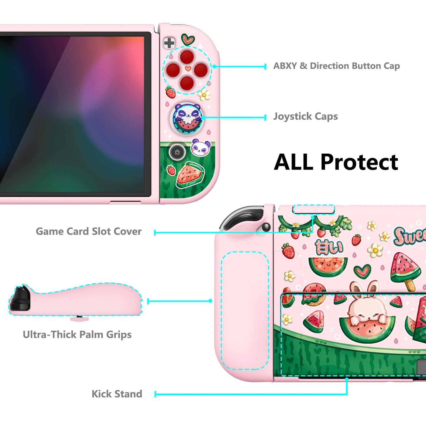 PlayVital ZealProtect Soft Protective Case with Thumb Grip Caps & ABXY Direction Button Caps for Switch OLED - Watermelon Sweet Treats - XSOYV6034 playvital