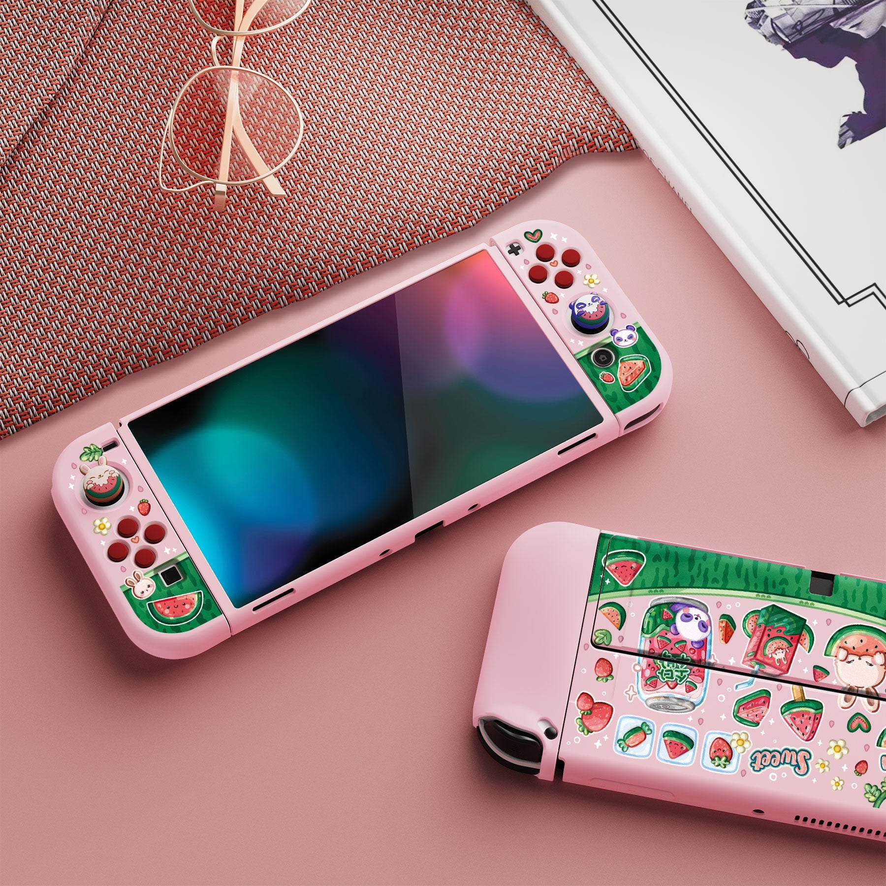 PlayVital ZealProtect Soft Protective Case with Thumb Grip Caps & ABXY Direction Button Caps for Switch OLED - Watermelon Sweet Treats - XSOYV6034 playvital