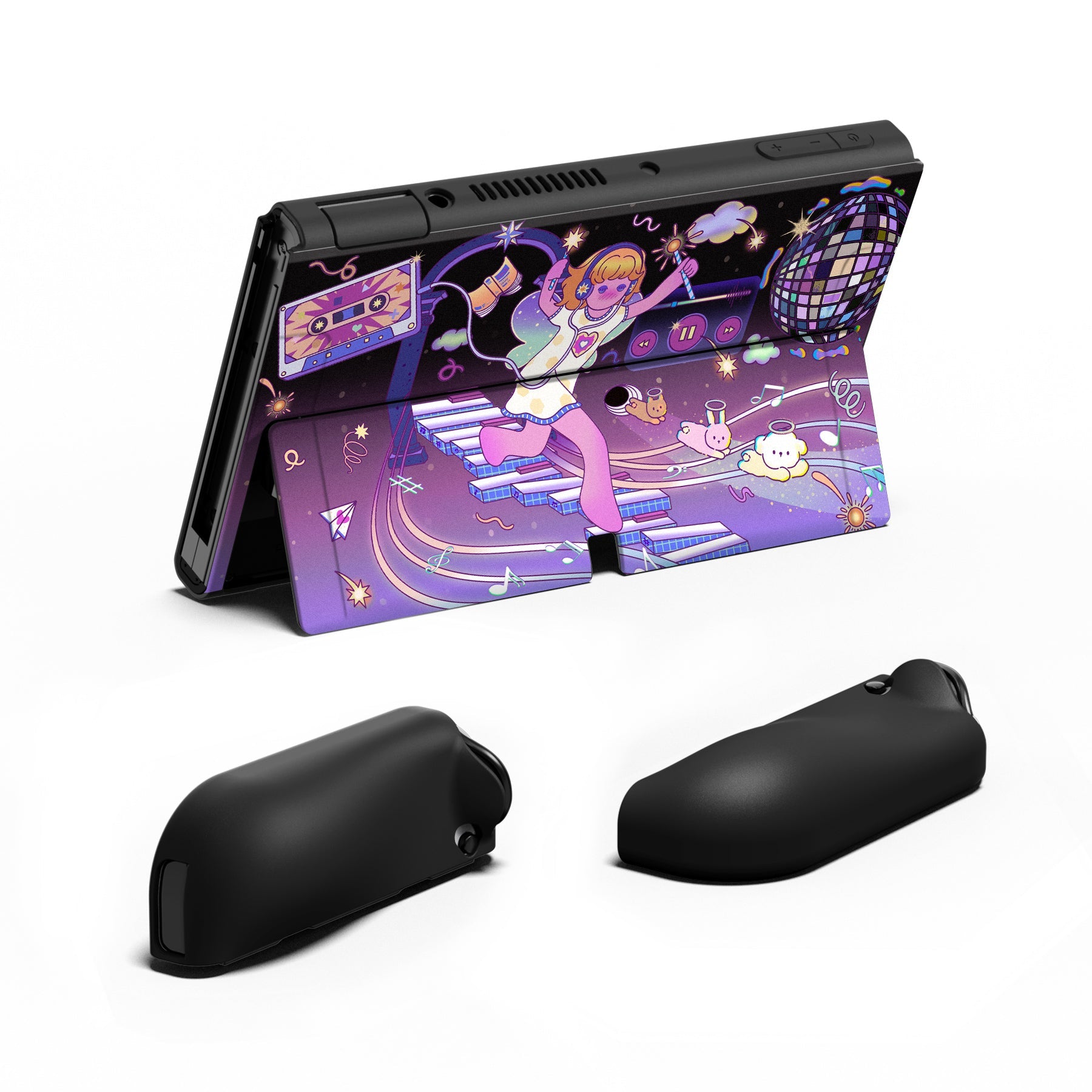 PlayVital ZealProtect Soft Protective Case for Switch OLED, Flexible Protector Joycon Grip Cover for Switch OLED with Thumb Grip Caps & ABXY Direction Button Caps - Dancing Notes - XSOYV6040 playvital